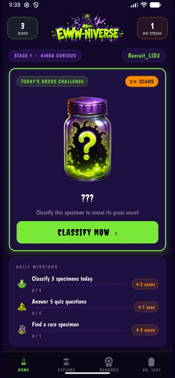 EWW-niverse home screen with today's gross challenge